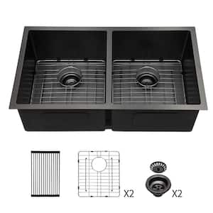 33 in. Undermount 50/50 Double Bowl 18 Gauge Stainless Steel Kitchen Sink with Bottom Grids, Strainers and Drying Rack