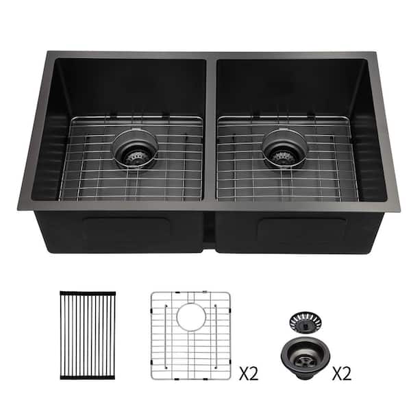 JASIWAY 33 in. Undermount 50/50 Double Bowl 18 Gauge Stainless Steel Kitchen Sink with Bottom Grids, Strainers and Drying Rack