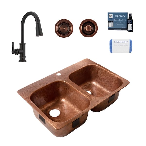 Angelico All-In-One Copper Drop-In 33 in. 3-Hole Single Bowl Kitchen Sink with Pfister Bronze Faucet and Drain Angelico All-In-One Copper Drop-In 33 in. 3-Hole Single Bowl Kitchen Sink with Pfister Bronze Faucet and Drain