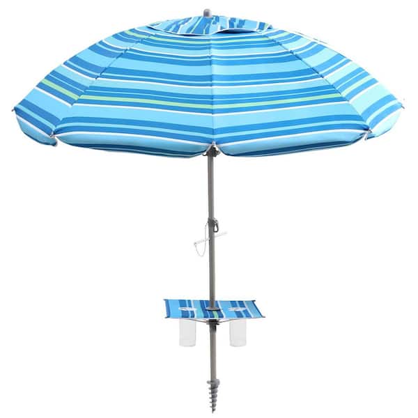 7 ft. Metal Tilt Beach Umbrella with Sand Anchor and Carry Bag, Built-in Table Tray in Baby Blue Stripes