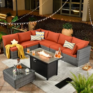 Daffodil A Gray 8-Piece Wicker Patio Rectangular Fire Pit Conversation Sofa Set with Orange Red Cushions