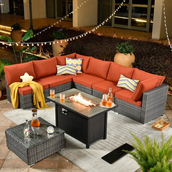 weaxty W Daffodil A Gray 8-Piece Wicker Patio Rectangular Fire Pit Conversation Sofa Set with Orange Red Cushions