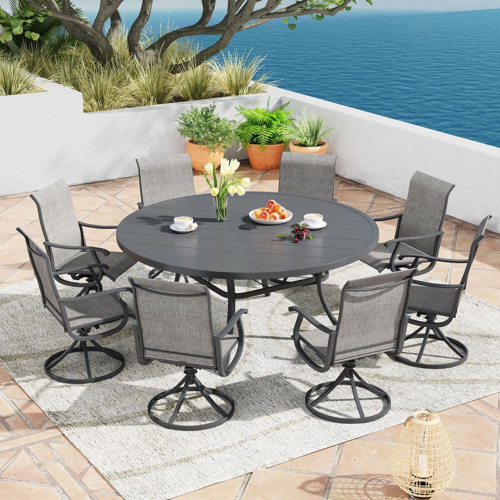 9-Piece All-Weather Metal Outdoor Patio Dining Set with 60 in. Gray Round Table and 8 Gray Swivel Dining Chairs price history on PriceWatchPro