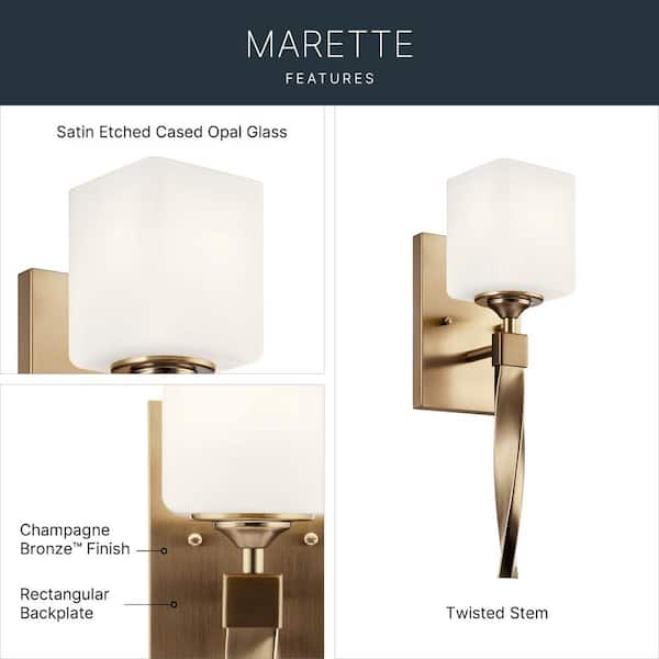 Marette 1-Light Champagne Bronze Bathroom Indoor Wall Sconce Light with Satin Etched Cased Opal Glass Shade