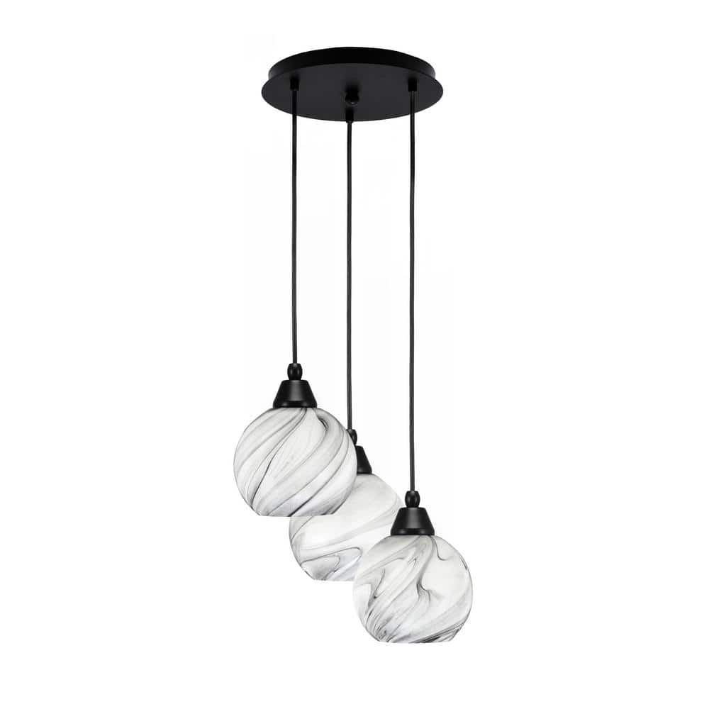 Savannah 8.75 in. 3-Light Matte Black Cord Pendant Light Onyx Swirl Glass S