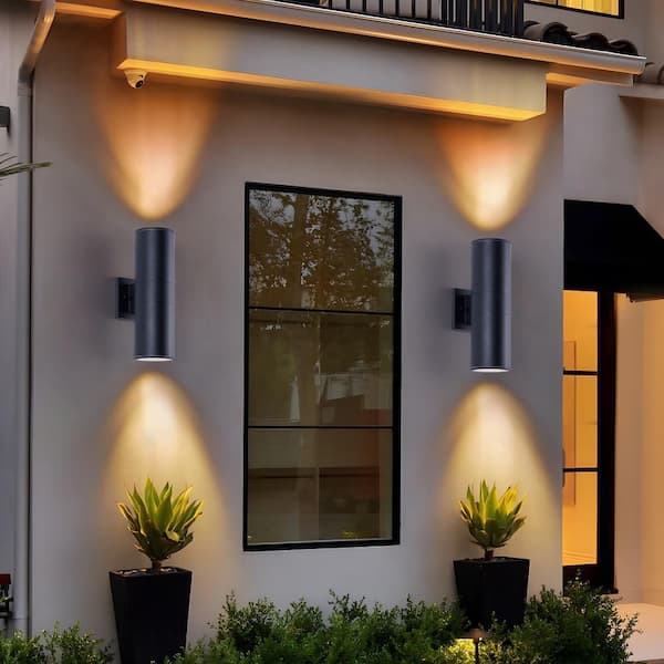 17 in. Black 2-Lights 2-Pack Outdoor Wall Sconce Light, Cylinder Up Down Lights with Tempered Glass for Patio and Garage