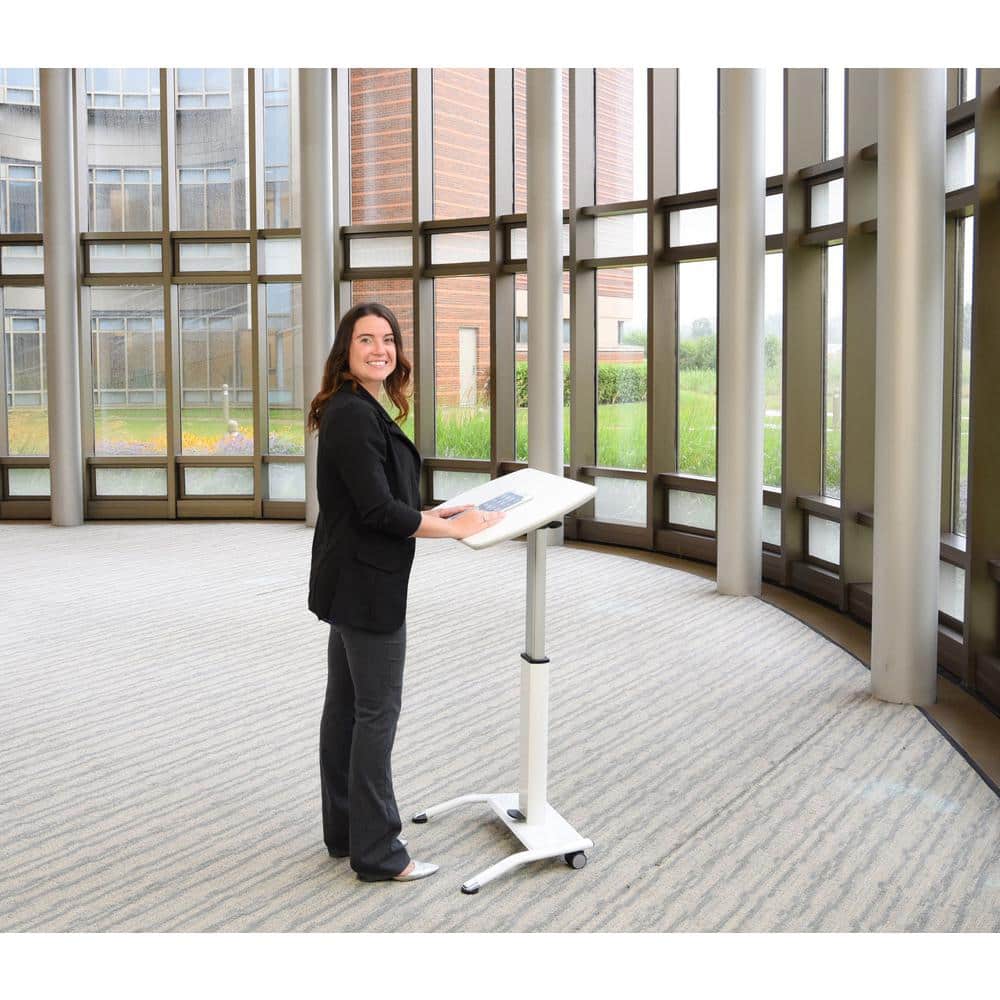 White Adjustable Height Mobile Standing Desk with Pneumatic Foot Pedal