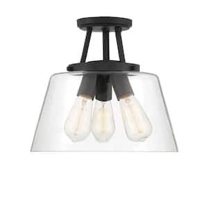 Calhoun 13 in. W x 11.5 in. H 3-Light Matte Black Semi-Flush Mount Ceiling Light with Clear Glass Shade