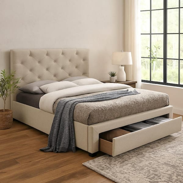 Sya Beige Wood Frame Queen Panel Bed with Upholstery Headboard
