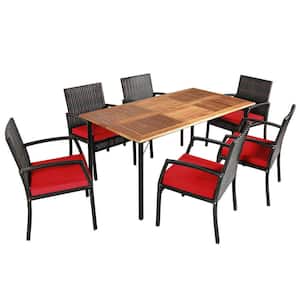 7-Piece PE Rattan Wicker Rectangle Acacia Wood Table Outdoor Dining Set With Umbrella Hole and Red Cushions