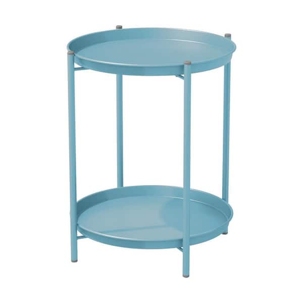 Blue Round Outdoor Coffee Table 2-Tier, Weather Resistant Metal Side Table for Balcony, Porch, Deck, Poolside