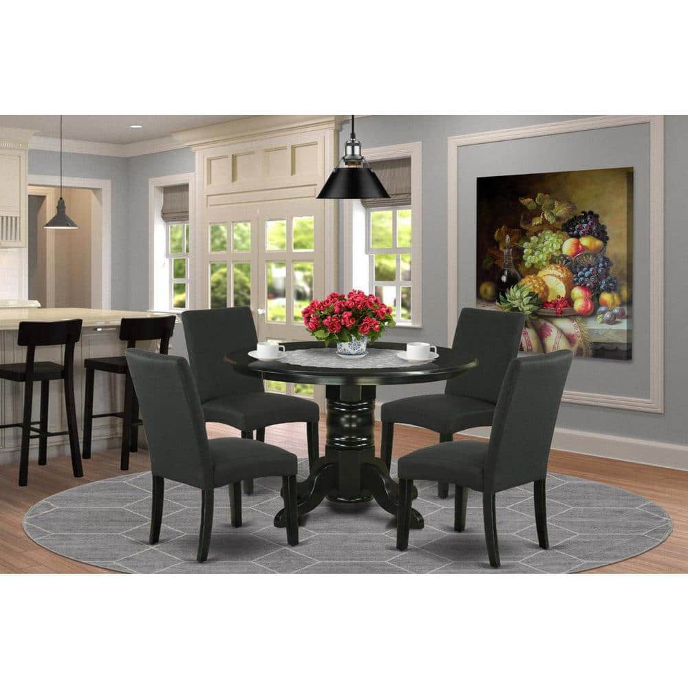 Sophisticated Black 5-Piece Round Dining Set with Linen Chairs