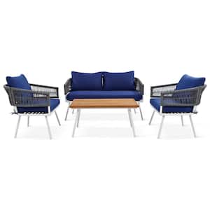 White 4-Piece Metal Outdoor Sectional with Acacia Wood Table, Deep Seating and Blue Cushions for Backyard Porch Balcony