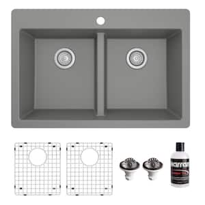 QT-810 Quartz/Granite 33 in. Double Bowl 50/50 Top Mount Drop-in Kitchen Sink in Grey with Bottom Grid and Strainer