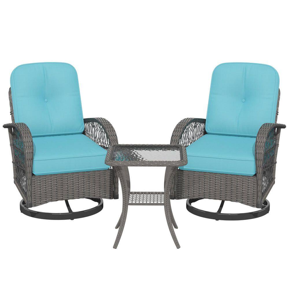 3-Piece Outdoor Wicker Swivel Patio Chairs, Patio Conversation Set with Thickened Cushions and Glass Table, Peacock Blue price history on PriceWatchPro