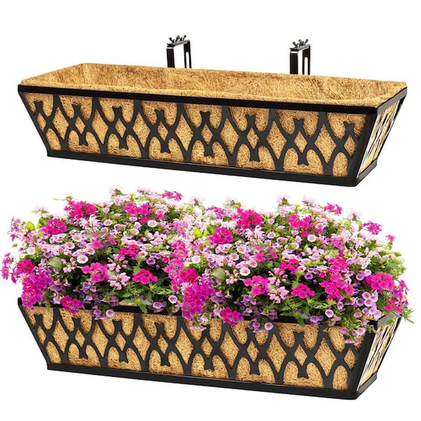 24 in Black Window Box Planter with Adjustable Brackets and Cocoa Liners for Fence, Railing, Porch, Patio (2-Pack)