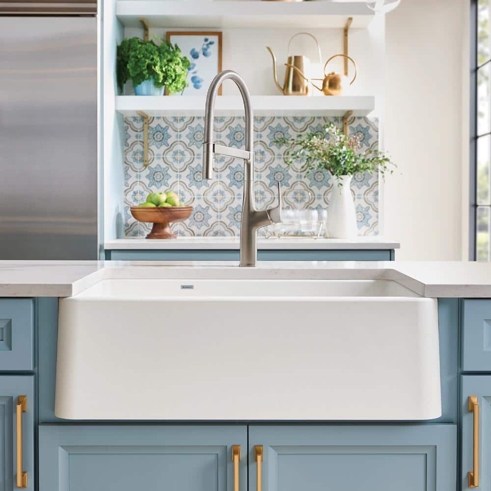 White Stone Double Bowl Farmhouse Kitchen Sink, 33-inch