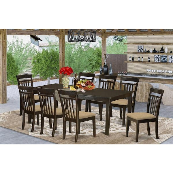 East West Furniture 9-Piece Cappuccino Finish Solid Wood Top Dining Table with 8 Chairs with Lattice Back
