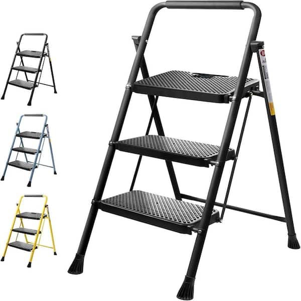 Folding Step Stool with Wide Anti-Slip Pedal, Sturdy Steel Ladder, Convenient Handrail, Portable Steel Step Stool