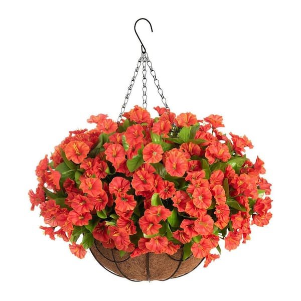 Unbranded Patio Decoration Series: 21.6 in. H x 15.7 in. W Orange Artificial Petunias Flowers with Hanging Baskets