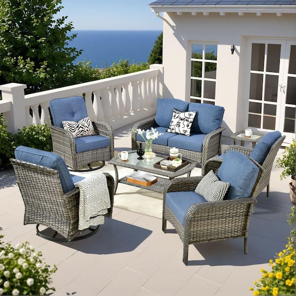 Noah Gray 7-Piece Wicker Outdoor Patio Conversation Comfortable Sofa Set with Swivel Chairs and Denim Blue Cushions