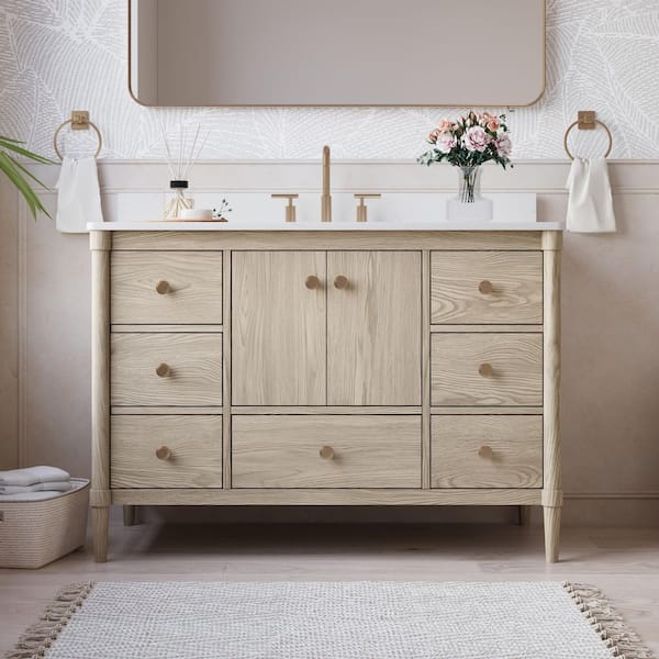 ETHAN 48 in. W x 22 in. D x 35 in. H Freestanding Solid Wood Bath Vanity in OAK with Quartz Top