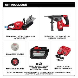 M18 FUEL ONE-KEY 18V Lith-Ion Brushless Cordless 9 in. Cut Off Saw Kit W/(2) 12. 0Ah Batteries & Charger & Rotary Hammer