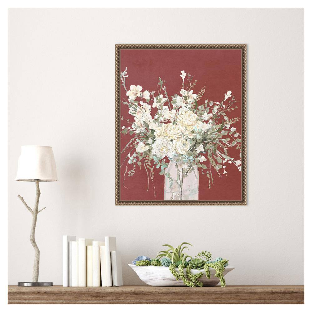 Beaded Gold Framed Floral Canvas Wall Art with Glass Vase