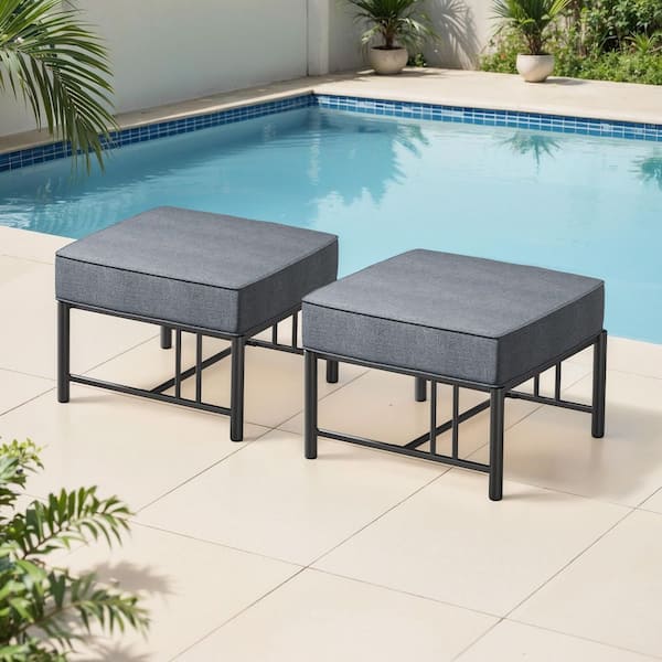 Minimalism Metal Black Outdoor Patio Ottoman with Dark Gray Cushions (2-Pack)