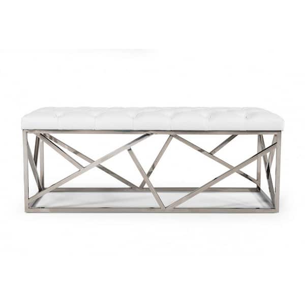 HomeRoots Amelia White 48 in. Faux Leather Bedroom Bench Backless Upholstered