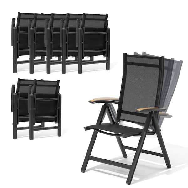 Black Aluminum Folding Outdoor Dining Chairs Foldable Patio Dining Chairs with 8-Level Adjustable Backrest Set of 8