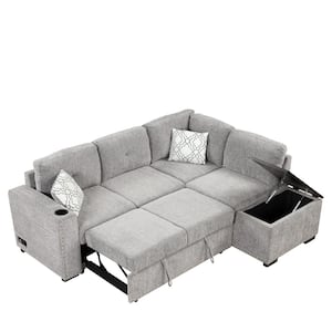 83.8 in. Light Gray Chenille Twin Size Pull-Out Sofa Bed L Shaped Sectional Sofa with Built-in Storage and USB Ports