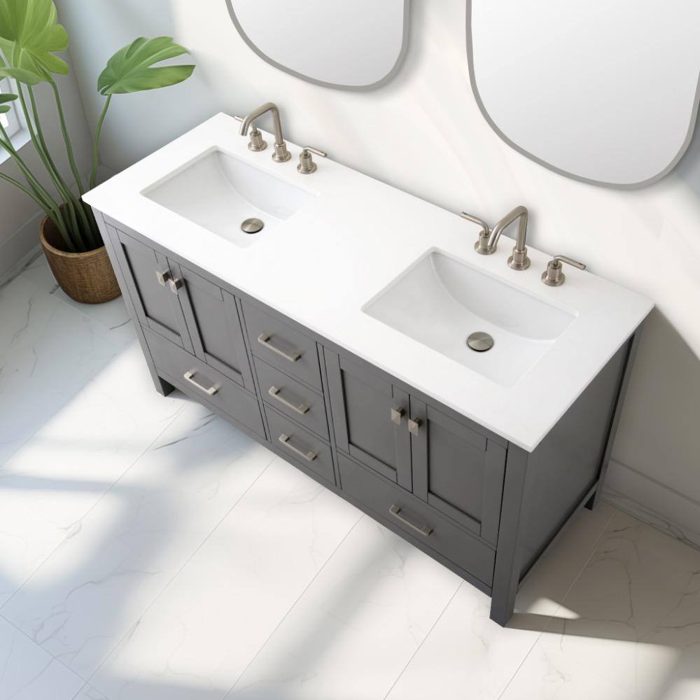 Vanea 60" Gray Double Sink Freestanding Bathroom Vanity with Quartz Top