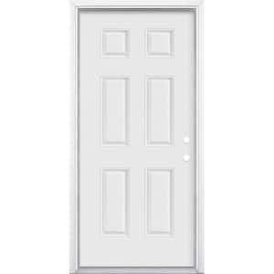 36 in. x 80 in. 6-Panel Left Hand Inswing Primed White Smooth Fiberglass Prehung Front Exterior Door with Brickmold