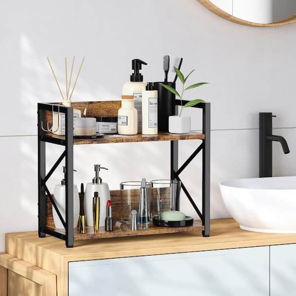 2 Tier Space Saving Kitchen Counter Shelf Organizer Rustic Brown Coffee Bar Station Spice Rack Desk Shelf Riser