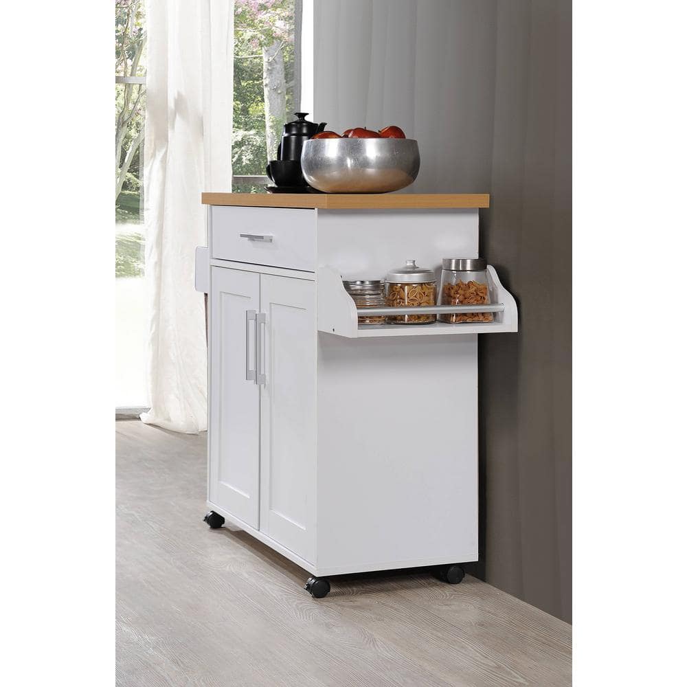 White Kitchen Island with Beech Top, Spice Rack, and Towel Rack