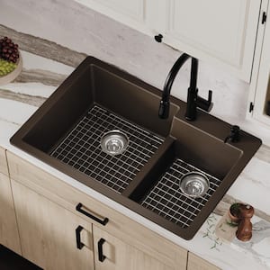 QT-811 Quartz/Granite 33 in. Double Bowl 60/40 Top Mount Drop-in Kitchen Sink in Brown with Bottom Grid and Strainer