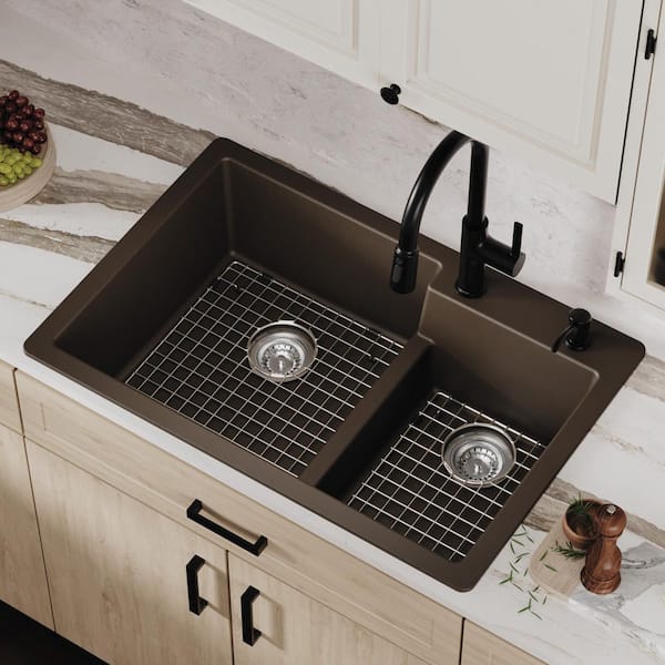 Karran QT-811 Quartz/Granite 33 in. Double Bowl 60/40 Top Mount Drop-in Kitchen Sink in Brown with Bottom Grid and Strainer