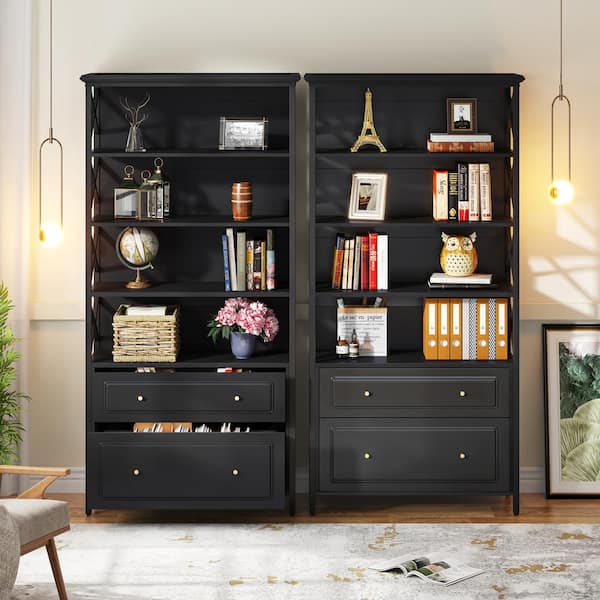 BYBLIGHT Atencio 2-Drawer Black Engineered Wood 31.5 in. Vertical File Cabinet Open Filing Cabinet Office Document Rack, 4-Shelf