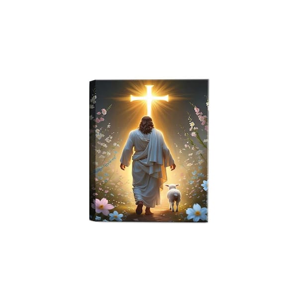 Jesus and Lamb Canvas Wall Art Cross Jesus Walking Toward Light Wall Decor