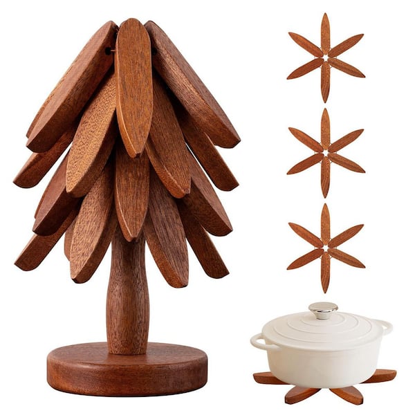 Tree-Shaped Walnut 4 Wood Collapsible Trivets with Stand for Hot Dishes, Hot Dish Coaster, Brown