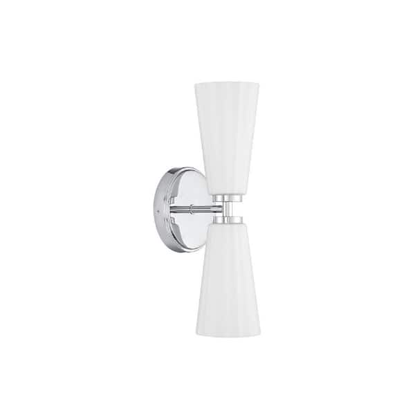 5.13 in. W x 14.5 in. H 2-Light Chrome Contemporary Wall Sconce with White Fluted Glass Shades