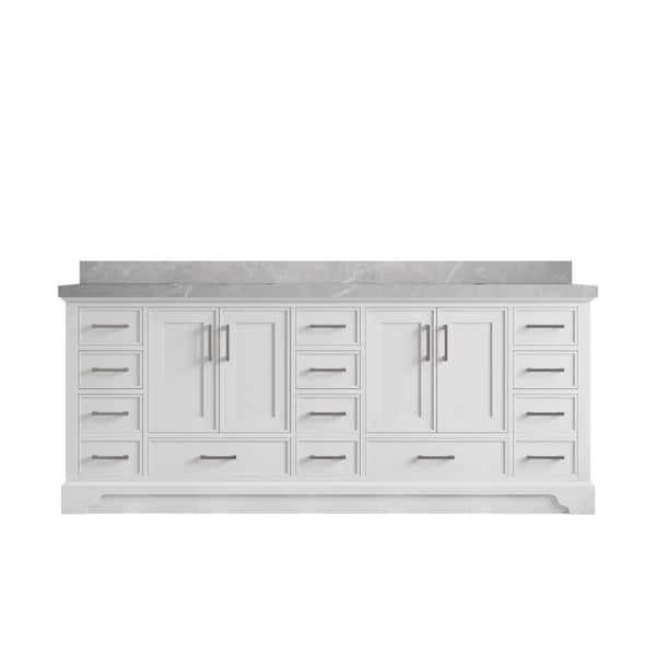 Willow Collections Charlotte 84 in. Double Sink Freestanding White Bath Vanity with Pearl Light Gray Qt. Top Unassembled