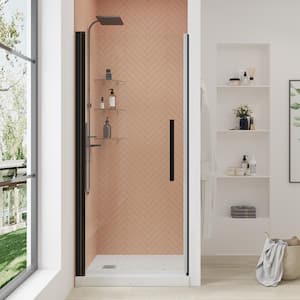 Pasadena 34 in. L x 32 in. W x 75 in. H Alcove Shower Kit w/ Pivot Frameless Shower Door in ORB w/Shelves and Shower Pan