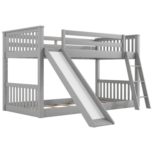 Nestfair Gray Wood Twin over Twin Bunk Bed with Convertible Slide and ...