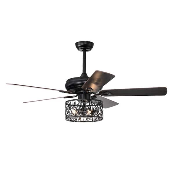 HKMGT Industrial 52 in. Indoor Black Ceiling Fan with Hollow-carved Lampshade, 2-Color-Option Blades and Remote Included