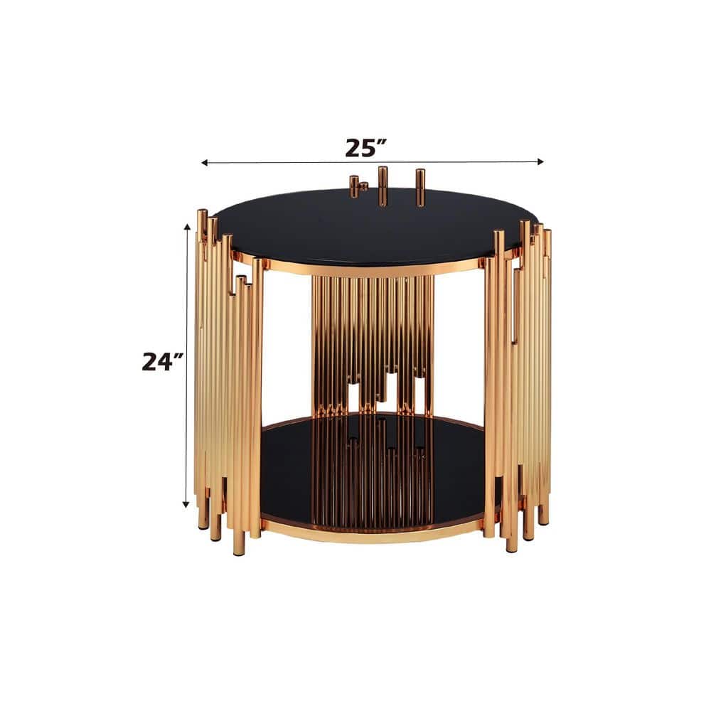 Tanquin 25" Round Black Glass & Gold Metal End Table