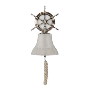 7 in. x  6 in. Brass Metal Silver Indoor Outdoor Bell Wall Decor with Ship wheel Backing