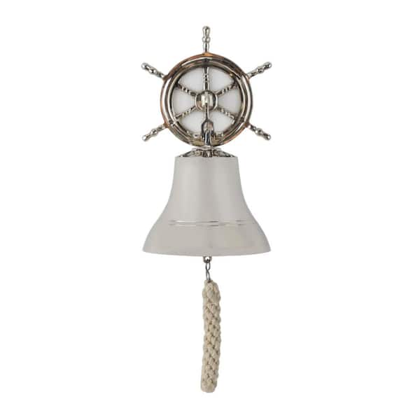 Litton Lane 7 in. x  6 in. Brass Metal Silver Indoor Outdoor Bell Wall Decor with Ship wheel Backing