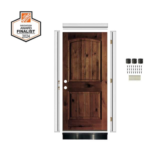 DIY 32 in. x 80 in. Alder Right-Hand Top Arch VG Red Mahogany Stain Single Wood Front Door Kit w/ Quick Assemble Jamb